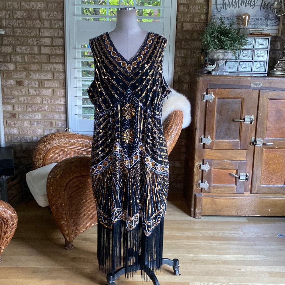 BABEYOND GOLD BLACK SEQUIN SLEEVELESS TRAPPER DRESS 1920'S 5 XL PLUS